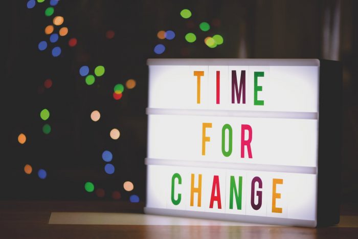 A lightbox with the words "time to change" in colourful letters.